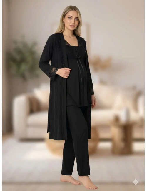 Bone 6205 Kadın 3lü Jakarlı Sabahlıklı Lohusa Pijama Takımı
