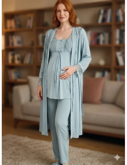 Bone 6205 Kadın 3lü Jakarlı Sabahlıklı Lohusa Pijama Takımı