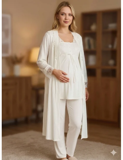 Bone 6205 Kadın 3lü Jakarlı Sabahlıklı Lohusa Pijama Takımı