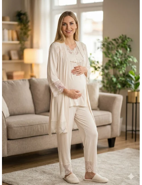 Bone 6216 Kadın 3lü Viskon Sabahlıklı Lohusa Pijama Takımı