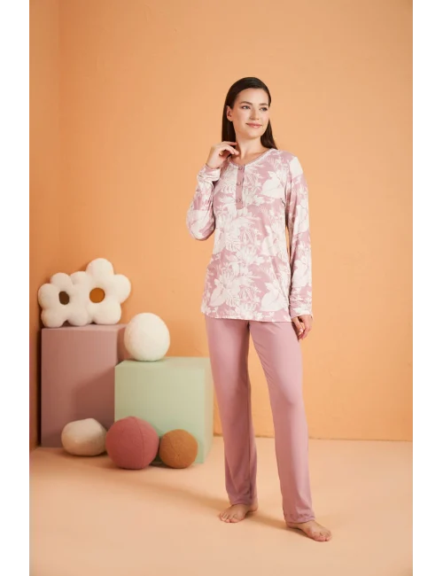 PJS 28016 Kadın Uzun Kol Yarı Patlı Desenli Pijama Takım