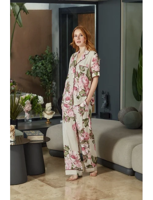 Aqua 26546 Kadın Desenli Düğmeli Kısa Kol Pijama Takım