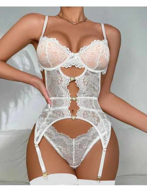 For Dreams 8465 Dantelli Kalp Aksesuar Detaylı Jartiyerli Büstiyer Çorap Takım