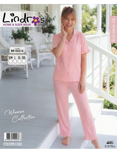 Lindros BR-02216 Kadın Kısa Kollu Bürümcük Düğmeli Pijama Takım