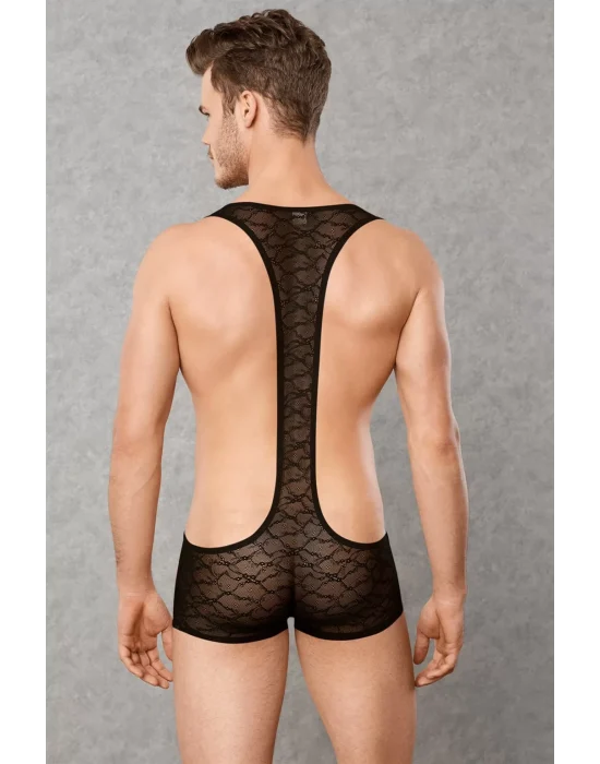 Doreanse 3011 Erkek Siyah Dantelli Transparan Askılı Fantezi Bodysuit