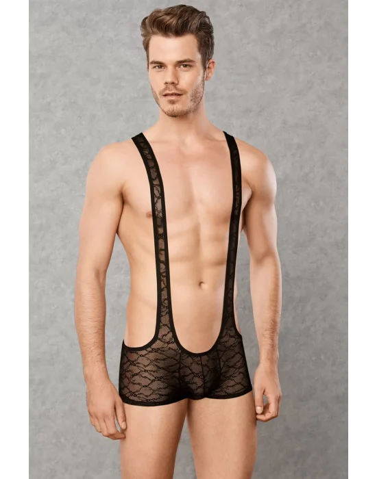 Doreanse 3011 Erkek Siyah Dantelli Transparan Askılı Fantezi Bodysuit