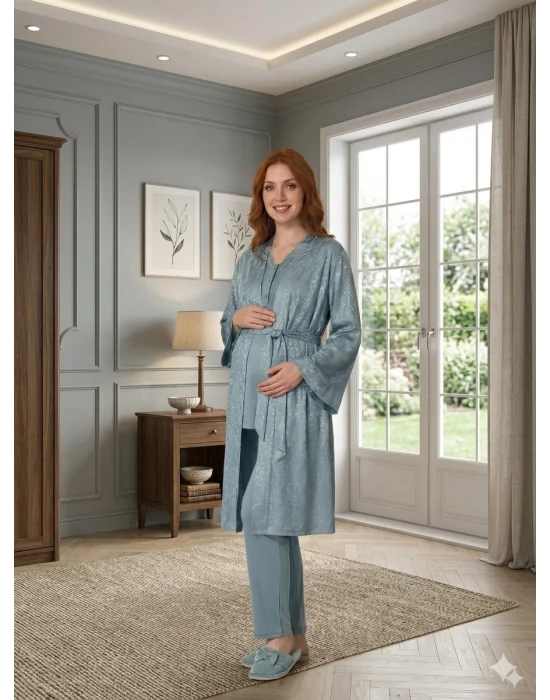 Bone 6201 Kadın Jakar Saten Sabahlıklı Lohusa Pijama Takımı