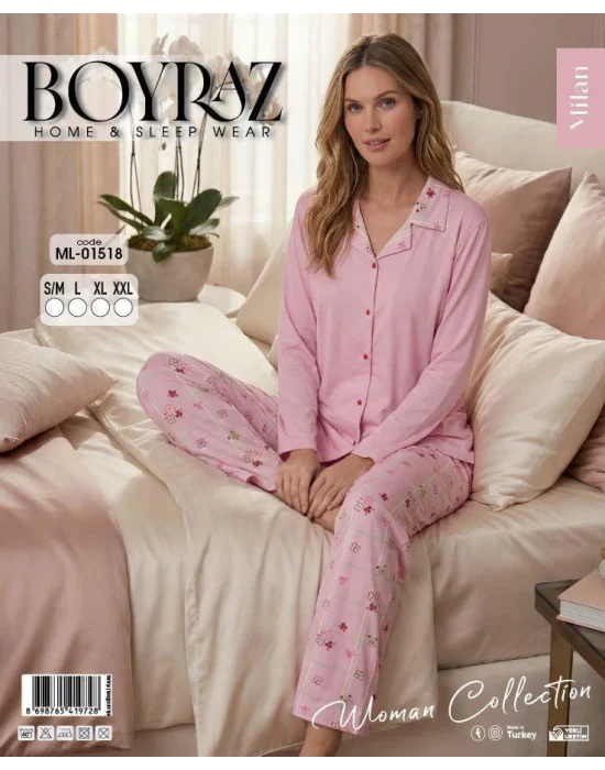 Boyraz ML-01518 Kadın Uzun Kol Boydan Düğmeli Pijama Takımı