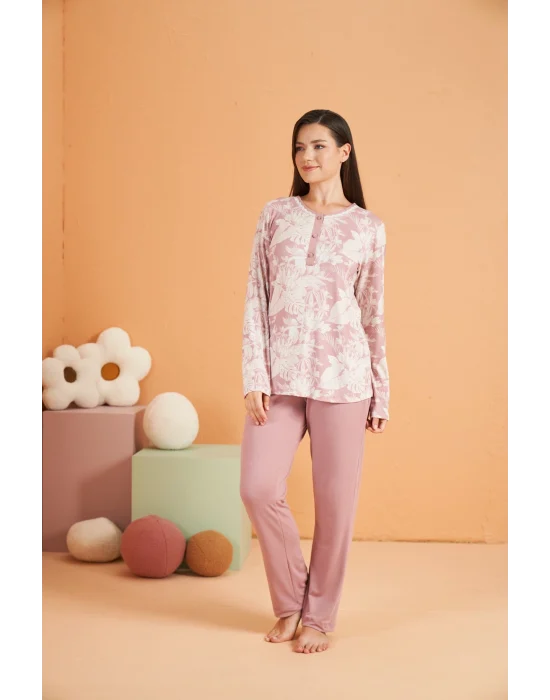PJS 28016 Kadın Uzun Kol Yarı Patlı Desenli Pijama Takım