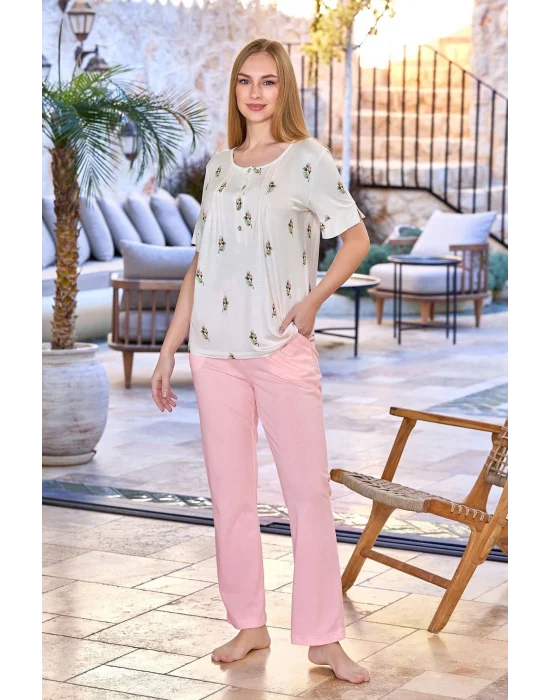 Aqua 25674 Kadın Kısa Kol Gül Desen Pijama Takımı