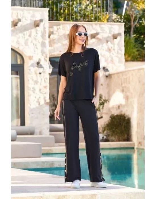 Aqua 25714 Kadın Taş Baskılı Paça Çıtçıt Detay 2li Takım