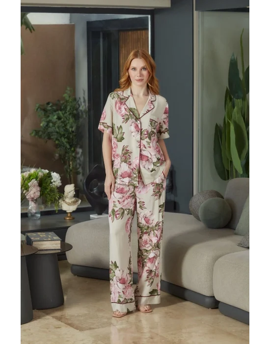 Aqua 26546 Kadın Desenli Düğmeli Kısa Kol Pijama Takım