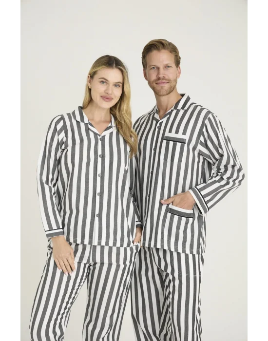 Kocabey 4007 Antrasit Gaffur & Gaffuriye Çizgili Poplin Çift Pijama Takımı