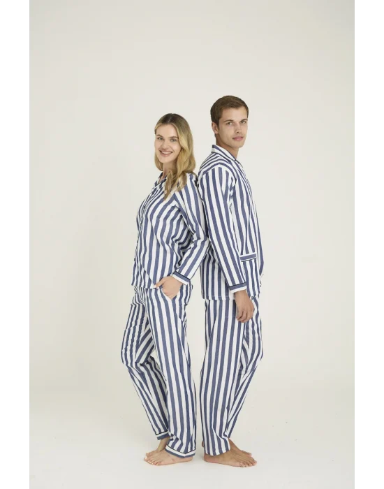 Kocabey 4007 Mavi Gaffur & Gaffuriye Çizgili Poplin Çift Pijama Takımı