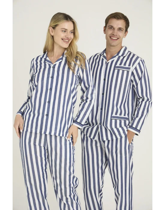 Kocabey 4007 Mavi Gaffur & Gaffuriye Çizgili Poplin Çift Pijama Takımı