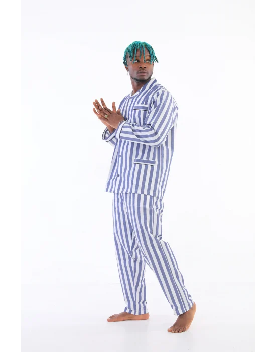 Kocabey 4007 Mavi Gaffur & Gaffuriye Çizgili Poplin Çift Pijama Takımı