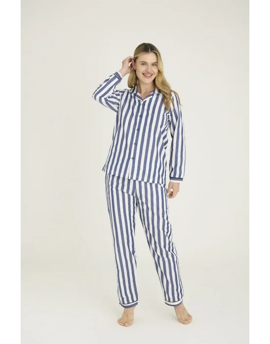 Kocabey 4007 Mavi Gaffur & Gaffuriye Çizgili Poplin Çift Pijama Takımı