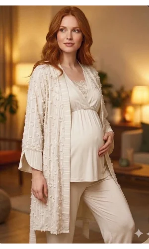 Bone 6209 Kadın 3lü Dokuma Sabahlıklı Lohusa Pijama Takımı