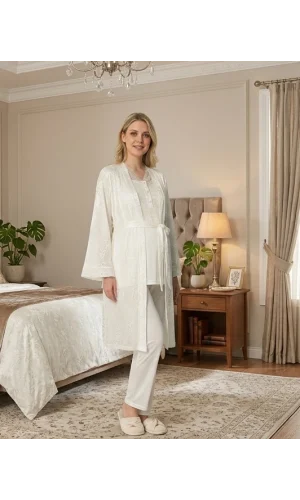 Bone 6201 Kadın Jakar Saten Sabahlıklı Lohusa Pijama Takımı