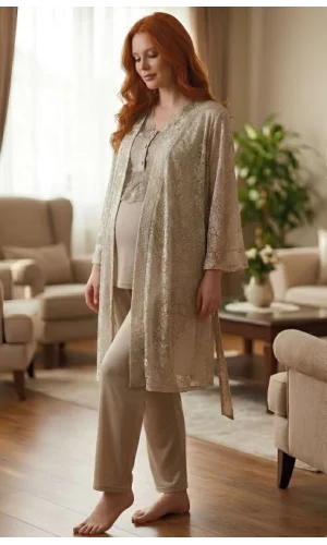 Bone 6201 Kadın Jakar Saten Sabahlıklı Lohusa Pijama Takımı