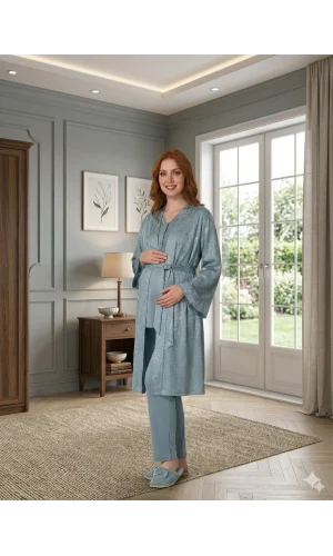 Bone 6201 Kadın Jakar Saten Sabahlıklı Lohusa Pijama Takımı