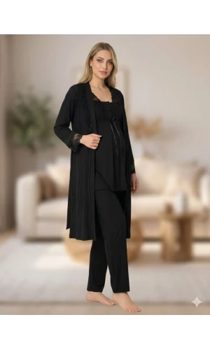 Bone 6205 Kadın 3lü Jakarlı Sabahlıklı Lohusa Pijama Takımı