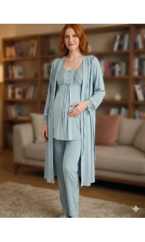 Bone 6205 Kadın 3lü Jakarlı Sabahlıklı Lohusa Pijama Takımı