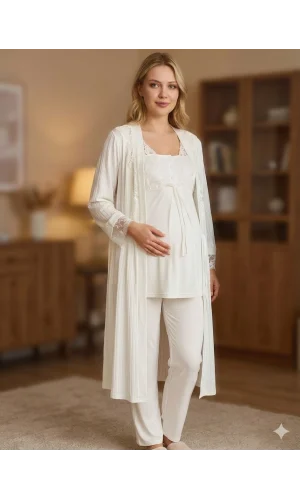 Bone 6205 Kadın 3lü Jakarlı Sabahlıklı Lohusa Pijama Takımı