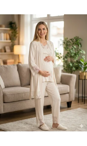 Bone 6216 Kadın 3lü Viskon Sabahlıklı Lohusa Pijama Takımı