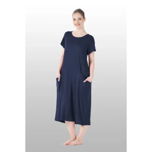 Estiva 25234 Kadın Likra Viskon Kısa Kol Cepli Midi Elbise