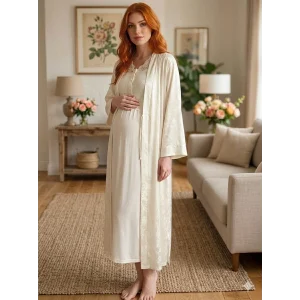 Bone 6202 Kadın Jakar Saten Lohusa Uzun Sabahlıklı Gecelik Takım