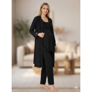 Bone 6205 Kadın 3lü Jakarlı Sabahlıklı Lohusa Pijama Takımı