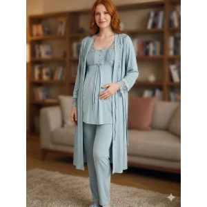 Bone 6205 Kadın 3lü Jakarlı Sabahlıklı Lohusa Pijama Takımı