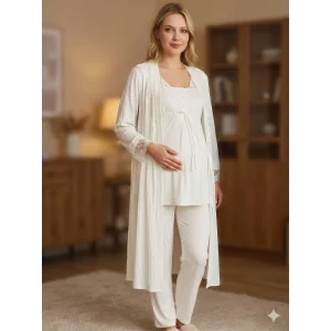 Bone 6205 Kadın 3lü Jakarlı Sabahlıklı Lohusa Pijama Takımı