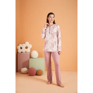 PJS 28016 Kadın Uzun Kol Yarı Patlı Desenli Pijama Takım