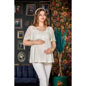 Aqua 24080 Bayan Kısa Kol Dantelli Lohusa Pijama Takımı