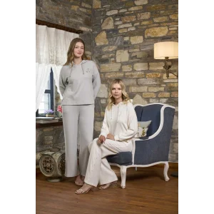 Aqua 26252 Kadın Kapşonlu İnci Detaylı Uzun Kol Pijama Takımı