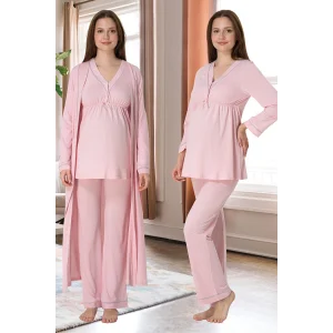 Effortt 4054 Biye Detaylı Sabahlıklı Lohusa Pijama Takımı