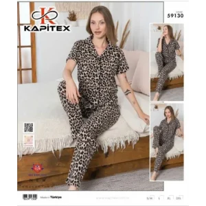 Kapitex 59130 Kadın Leoparlı Kısa Kol Pijama Takımı
