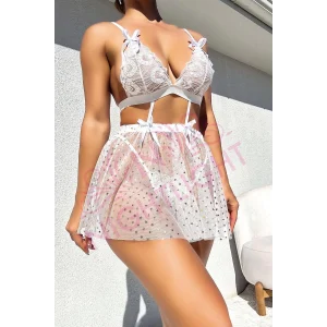 Nightlight 3616 Yıldız Desenli Beyaz Fantazi Mini Gecelik