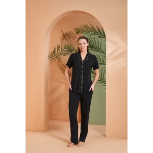 Pjs 27042 Kadın Kısa Kol Çizgili Önü Düğmeli Pijama Takımı
