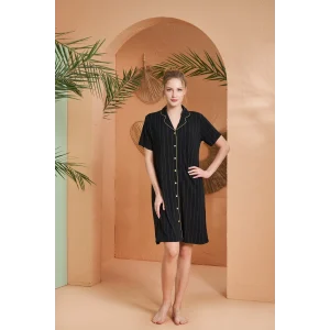 Pjs 27043 Kadın Kısa Kol Çizgili Önü Düğmeli Gecelik