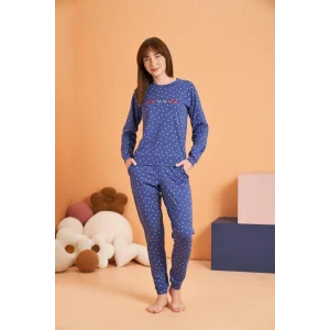 PJS 28081 Kadın Uzun Kol Yuvarlak Yaka Kalpli Pijama Takım
