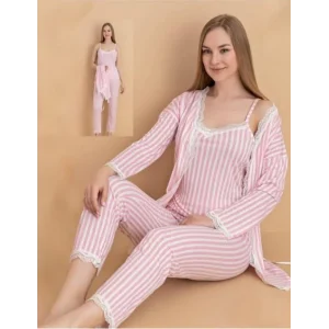 Stil Moda 6064 Kadın Çizgili Askılı Sabahlıklı Pijama Takımı
