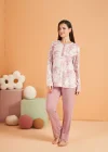 PJS 28016 Kadın Uzun Kol Yarı Patlı Desenli Pijama Takım