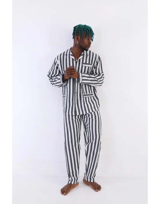 Kocabey 4007 Antrasit Gaffur & Gaffuriye Çizgili Poplin Çift Pijama Takımı