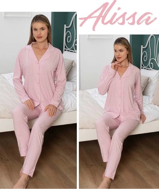 6139 Kadın Pembe Uzun Kol Patlı Pijama Takımı