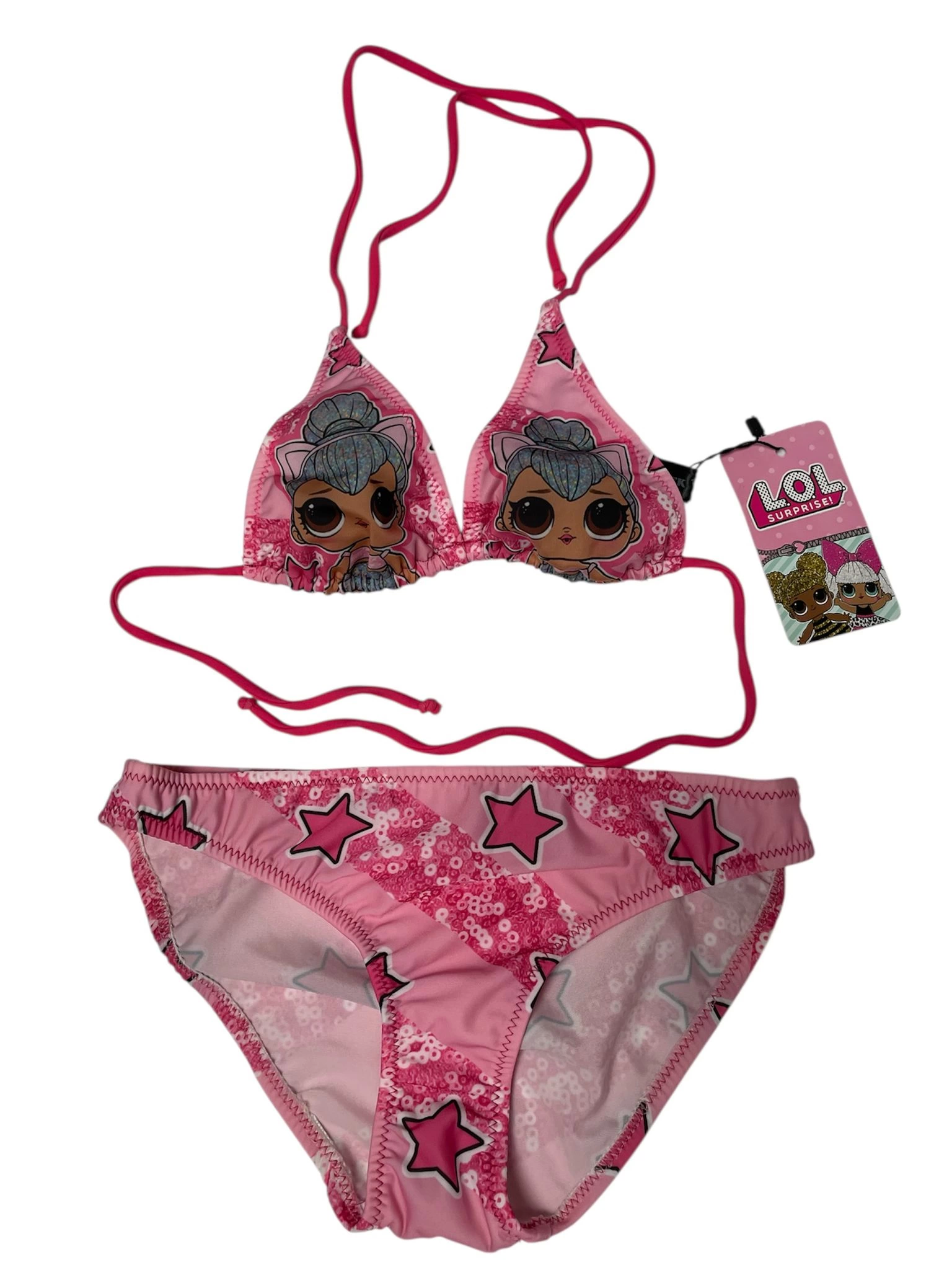 Lol Bebekli Yıldız Desenli Kız Çocuk Üçgen Bikini Takımı