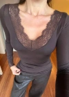 Kahverengi Kaşmir Dantelli Bluz