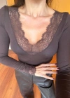 Kahverengi Kaşmir Dantelli Bluz